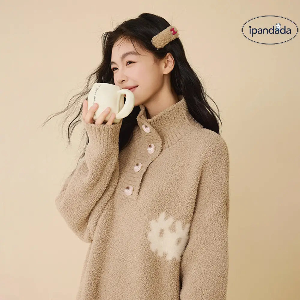 秋冬 ハイネック ボタン ゆったり 半フリース ナイトガウン 無地 気質 ロングドレス 翻领 厚手 パジャマ ID2941