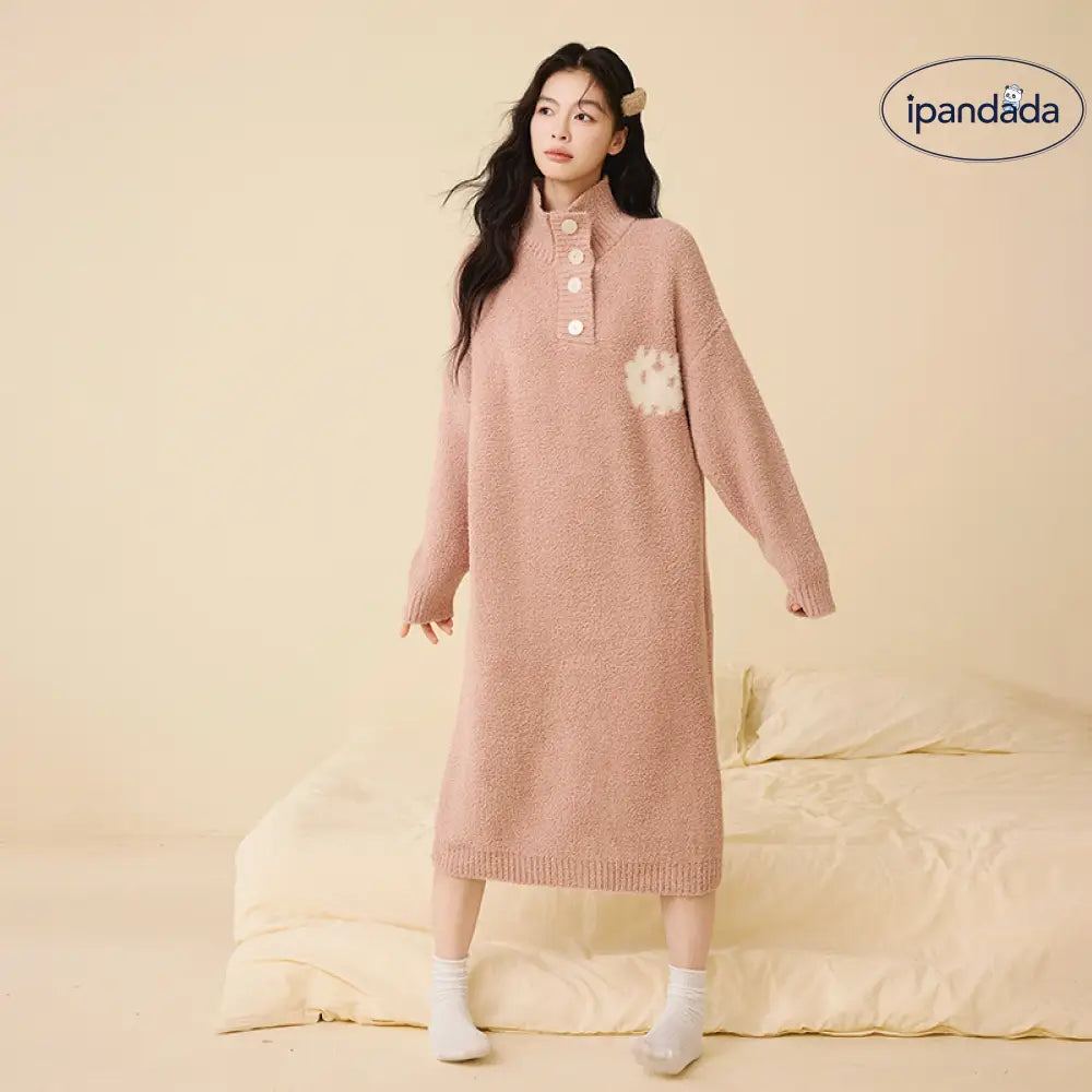 秋冬 ハイネック ボタン ゆったり 半フリース ナイトガウン 無地 気質 ロングドレス 翻领 厚手 パジャマ ID2941