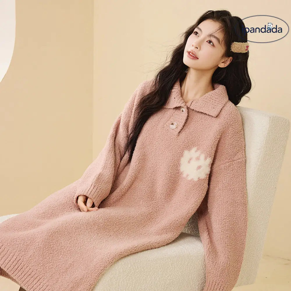 秋冬 ハイネック ボタン ゆったり 半フリース ナイトガウン 無地 気質 ロングドレス 翻领 厚手 パジャマ ID2941
