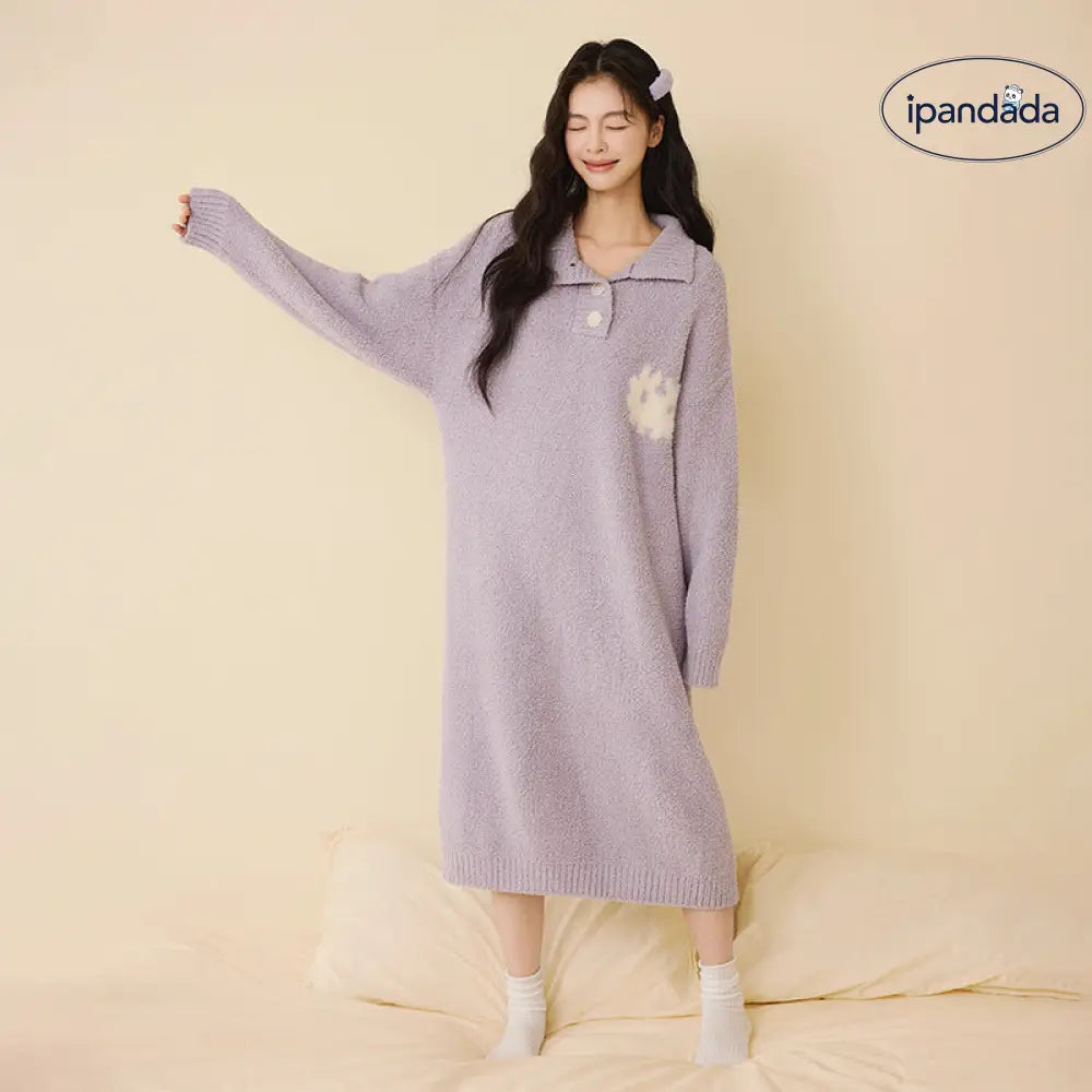 秋冬 ハイネック ボタン ゆったり 半フリース ナイトガウン 無地 気質 ロングドレス 翻领 厚手 パジャマ ID2941