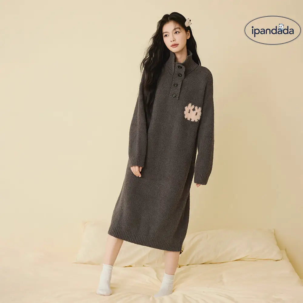 秋冬 ハイネック ボタン ゆったり 半フリース ナイトガウン 無地 気質 ロングドレス 翻领 厚手 パジャマ ID2941