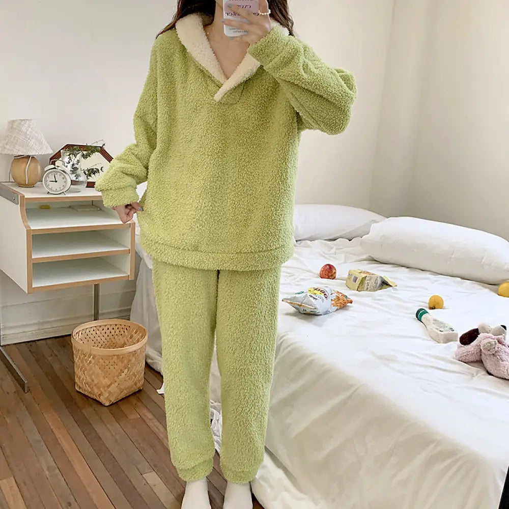 秋冬 新作 サンゴフリース パジャマ 女性 Vネック 厚手 フリース 長袖 長ズボン 保温 ID2845 グリーン / M
