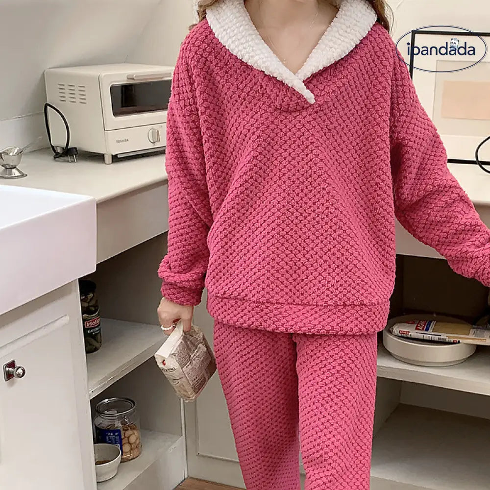 秋冬 新作 サンゴフリース パジャマ 女性 Vネック 厚手 フリース 長袖 長ズボン 保温 ID2845