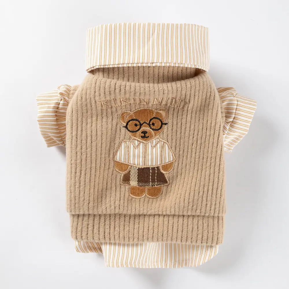 秋冬 ペットウェア アカデミースタイル 小熊 刺繍 カップル ペアルック 2点セット 小型犬 ビション フリーゼ テディ ドッグウェア ID2798 シャツ / XS