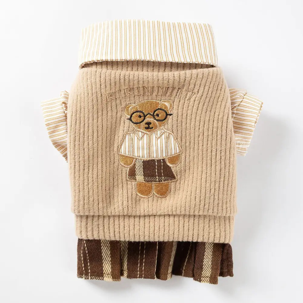 秋冬 ペットウェア アカデミースタイル 小熊 刺繍 カップル ペアルック 2点セット 小型犬 ビション フリーゼ テディ ドッグウェア ID2798 シャツワンピース / XS