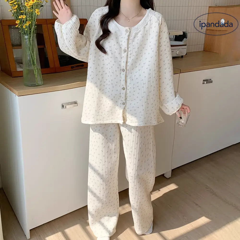 秋冬 シーズン かわいい チェリーパジャマ レディース インフルエンサー 韓国風 厚手 保温 エアコットン レース フリル付き ルームウェアセット ID2280