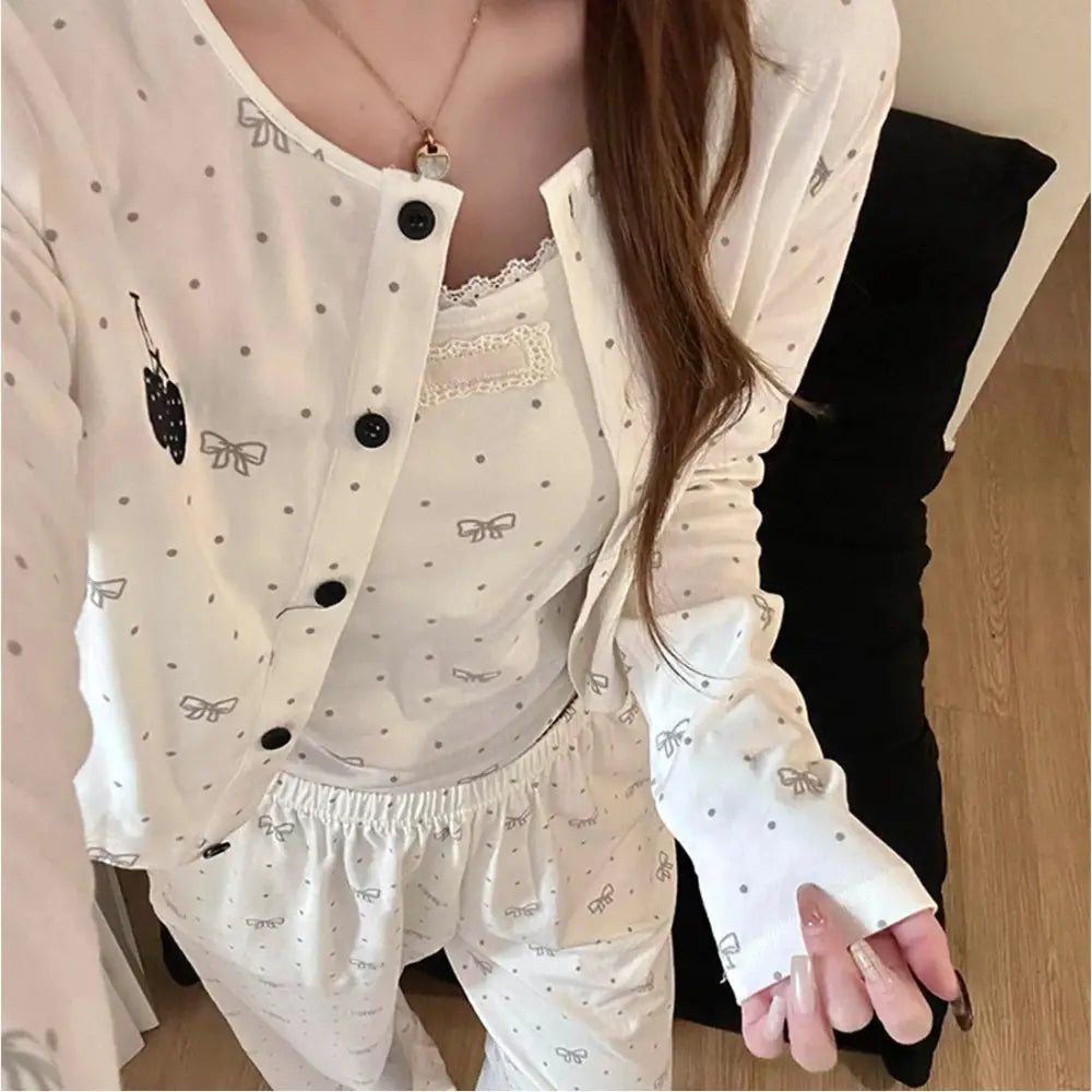 リボン ドット プリント パジャマ セット 柔らかい 春 新作 シンプル