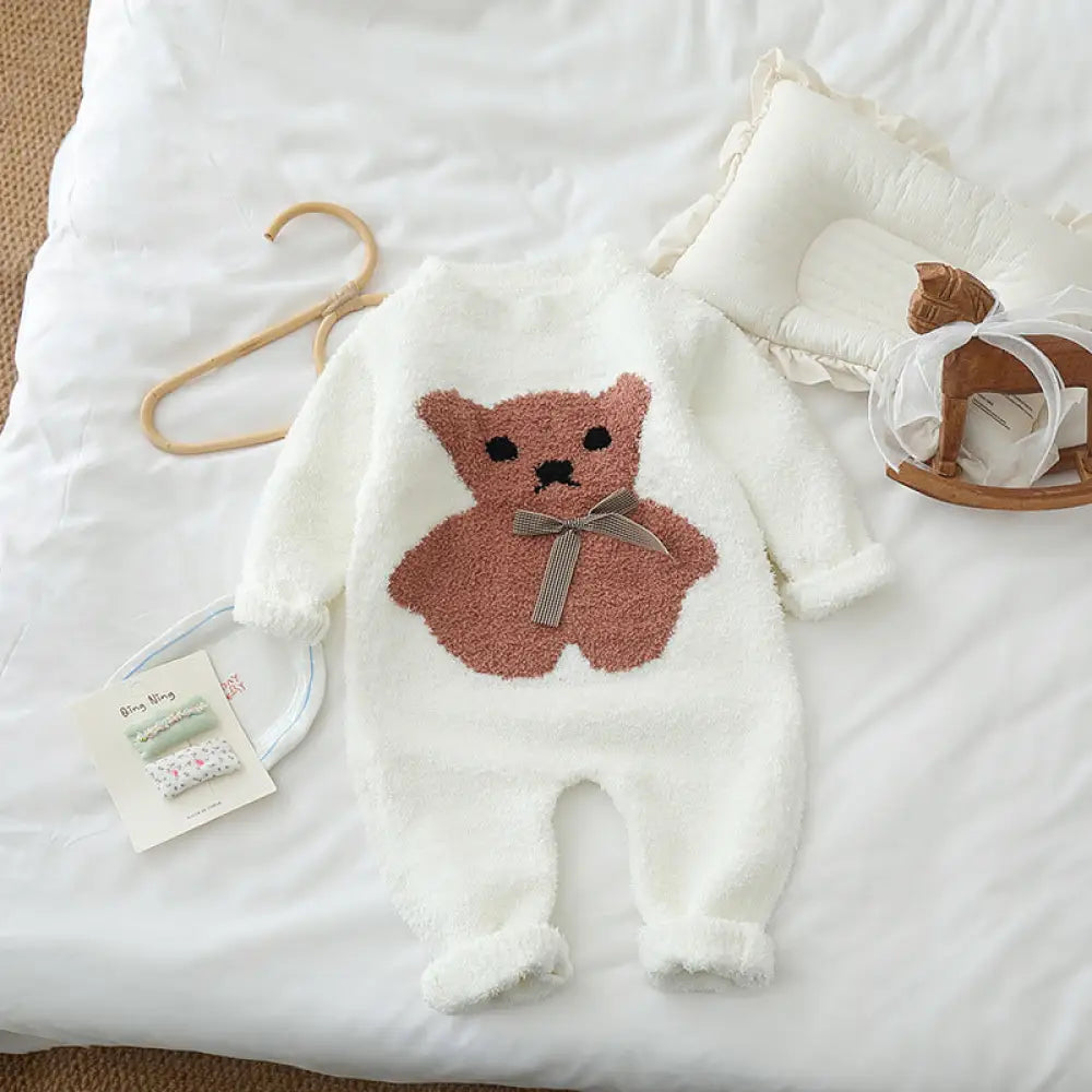 ベビー ロンパース 赤色 セーター 半分 フリース ルームウェア 男の子 女の子 オールインワン ID2945 ホワイト / 73cm