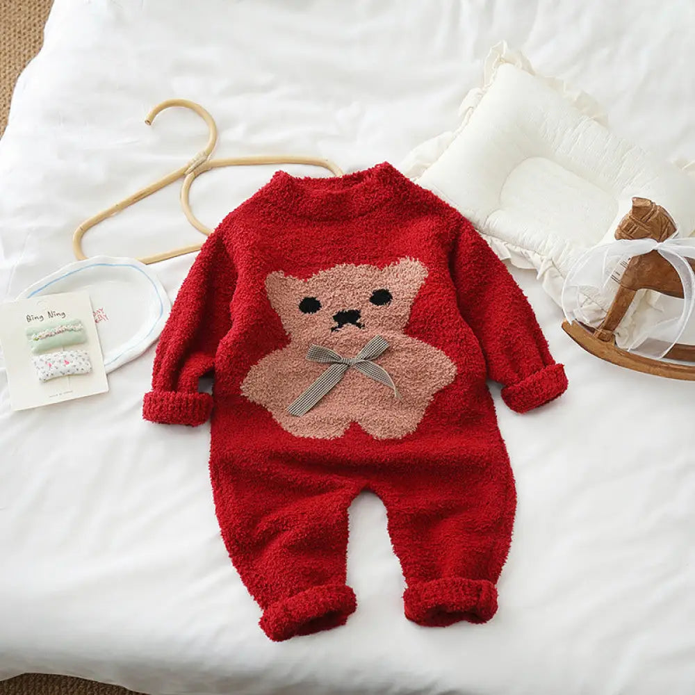 ベビー ロンパース 赤色 セーター 半分 フリース ルームウェア 男の子 女の子 オールインワン ID2945 レッド / 73cm