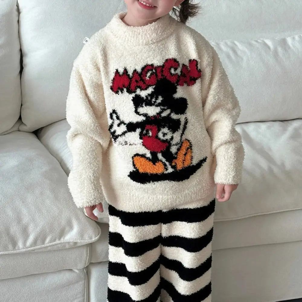 子供 フリース パジャマ セット 秋冬 新作 親子 男女子 保温 ルームウェア セット ID2919 アイボリー / 90cm