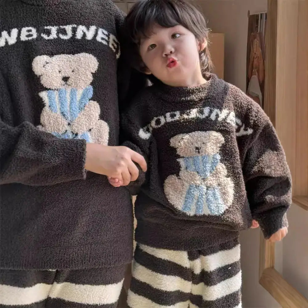 子供 フリース パジャマ セット 秋冬 新作 親子 男女子 保温 ルームウェア セット ID2919 ブラウン / 90cm