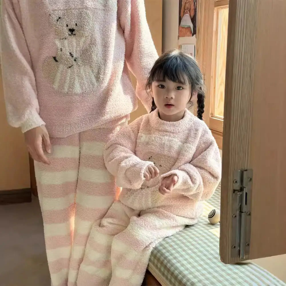 子供 フリース パジャマ セット 秋冬 新作 親子 男女子 保温 ルームウェア セット ID2919 ピンク / 90cm