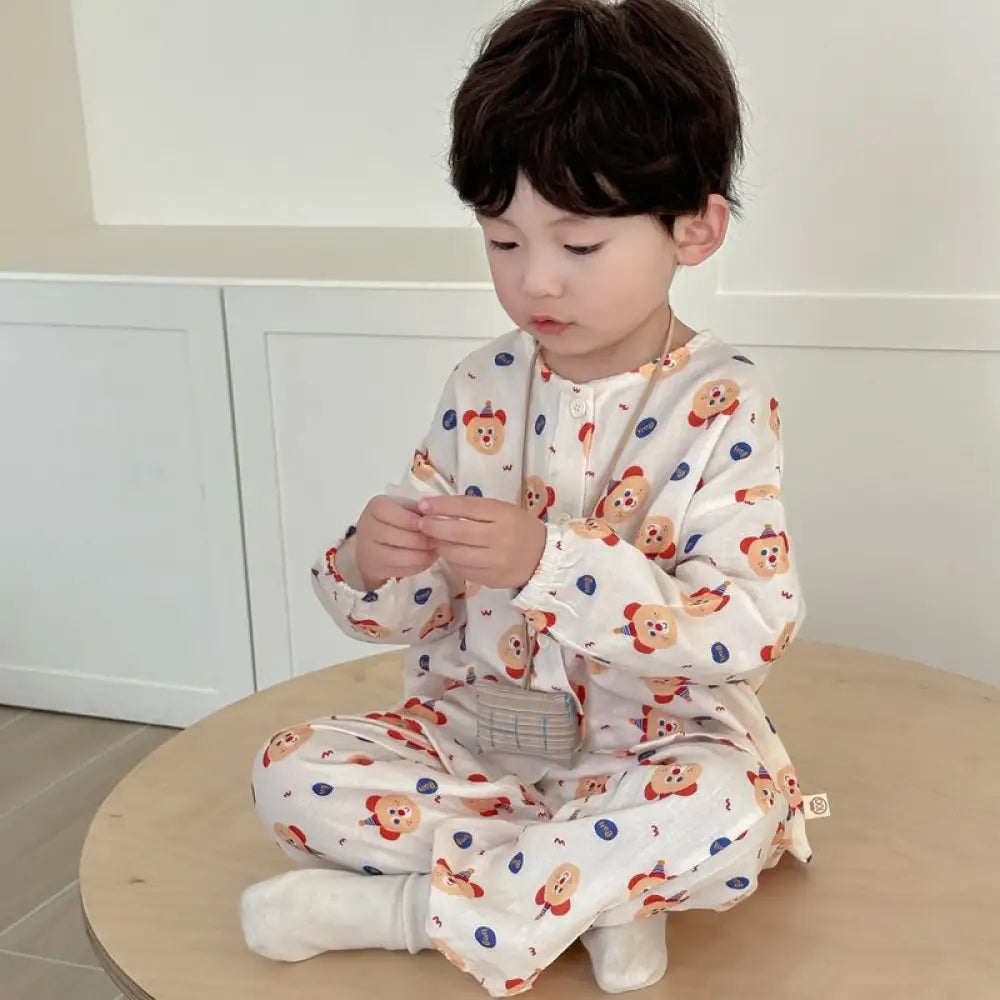 子ども用 二重ガーゼ パジャマセット 長袖 綿100% 通気性抜群 エアコン対応 吸湿速乾 抗菌加工 90-140cm 動物プリント ID1954 タイプ③ / 90cm ベビー&キッズ