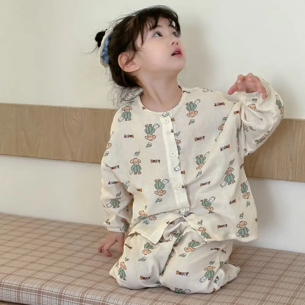 子ども用 二重ガーゼ パジャマセット 長袖 綿100% 通気性抜群 エアコン対応 吸湿速乾 抗菌加工 90-140cm 動物プリント ID1954 タイプ① / 90cm ベビー&キッズ