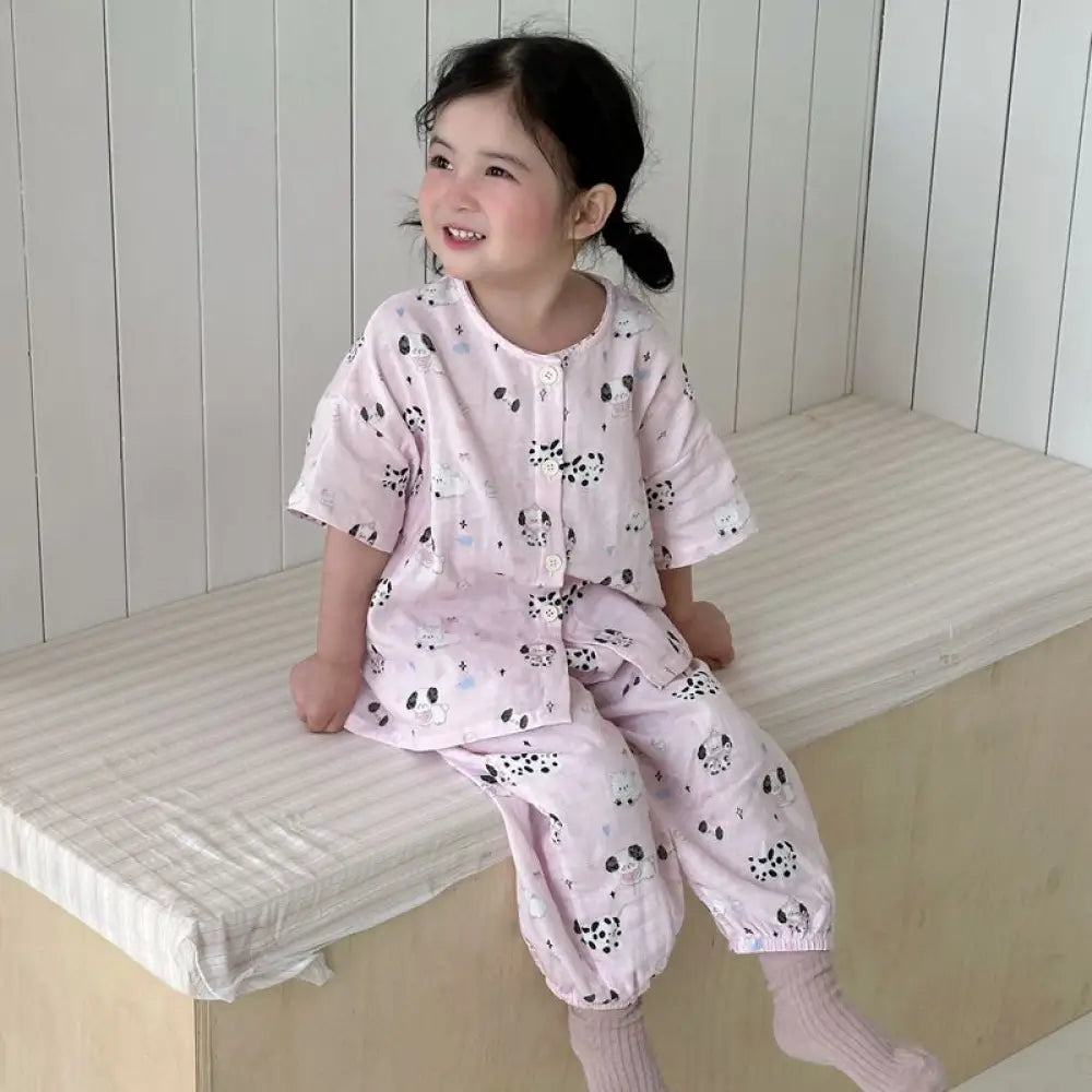 子ども用 二重ガーゼ パジャマセット 長袖 綿100% 通気性抜群 エアコン対応 吸湿速乾 抗菌加工 90-140cm 動物プリント ID1954 タイプ⑥ / 90cm ベビー&キッズ