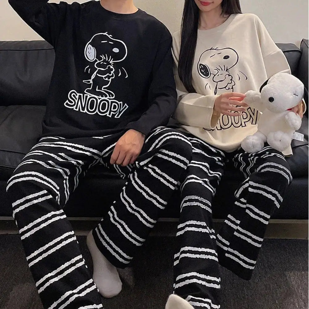 カップル パジャマ レディース 春秋用 長袖 長パンツ カートゥーン かわいい スヌーピー メンズ ルームウェア セットアップ ID3841 タイプ① / レディースＭ
