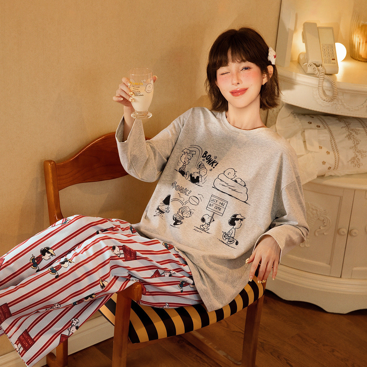 【ギフト】スヌーピー パジャマ レディース 長袖 ストライプ ボーダー かわいい カジュアル 部屋着 ルームウェア セットアップ おしゃれ プレゼント ギフト 春 ID4232