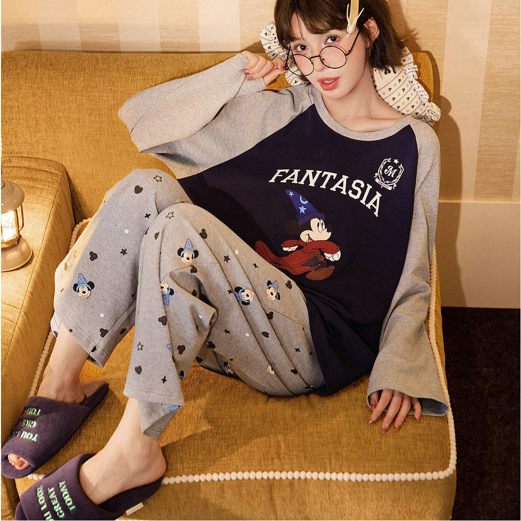 ミッキーマウス パジャマ レディース 春秋 長袖 バイカラー 配色デザイン コラボ かわいい キャラクター おしゃれ カジュアル 柔らか 肌触り 部屋着 ルームウェア セットアップ リラックス プレゼント ギフト ID4259