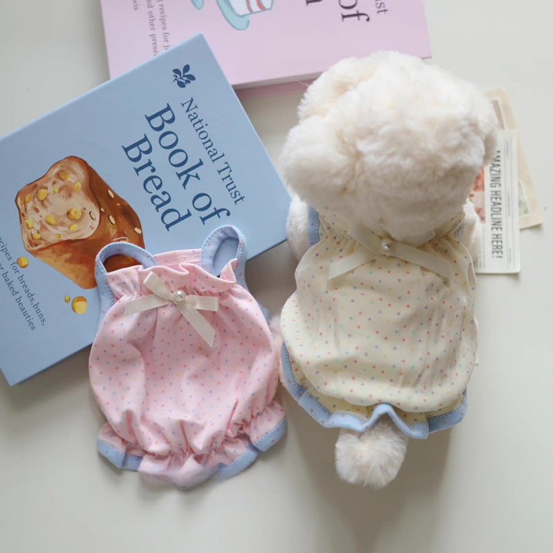 ペット ドット リボン ストラップ ワンピース ナチュラル かわいい 服 犬 猫 小型犬 ベスト 薄手 軽量 夏用 涼しい おしゃれ レース 透け感 春夏 お出かけ 室内用 メッシュ 快適 通気性 ペットウェア キュート デザイン ペット服 小型犬用 ID2133