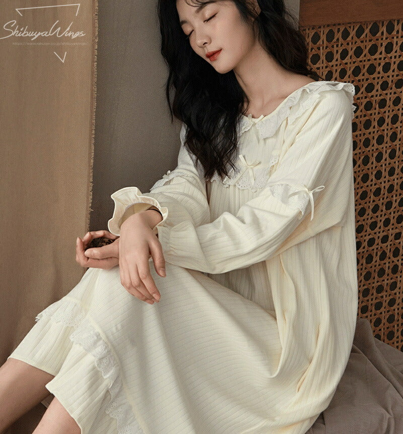 部屋着 寝巻き 綿 上品 パジャマ 春夏 ルームウェア レディース ワンピース 肌触り 通気性 ゆったり 長袖 女性 韓国風 お姫様 きれいめ 誕生日プレゼント きれい エレガント 寝巻き 可愛い 柔らかい 冷房対策 肌触りいい シンプル 20代 30代 M L XL 2XL スウィーティー 新作 ID4723