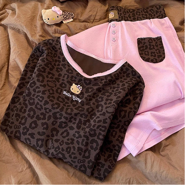 レトロ ギャル系 豹柄 パジャマ レディース 春秋 ハローキティ ヒョウ柄 プリント かわいい キャラクター おしゃれ トレンド カジュアル 部屋着 ルームウェア セットアップ 長袖 長ズボン リラックス ギフト ID4256
