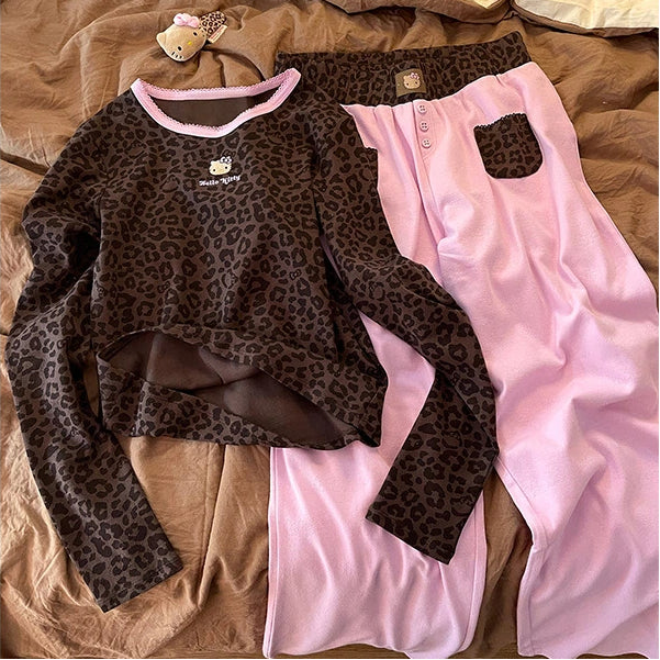 レトロ ギャル系 豹柄 パジャマ レディース 春秋 ハローキティ ヒョウ柄 プリント かわいい キャラクター おしゃれ トレンド カジュアル 部屋着 ルームウェア セットアップ 長袖 長ズボン リラックス ギフト ID4256