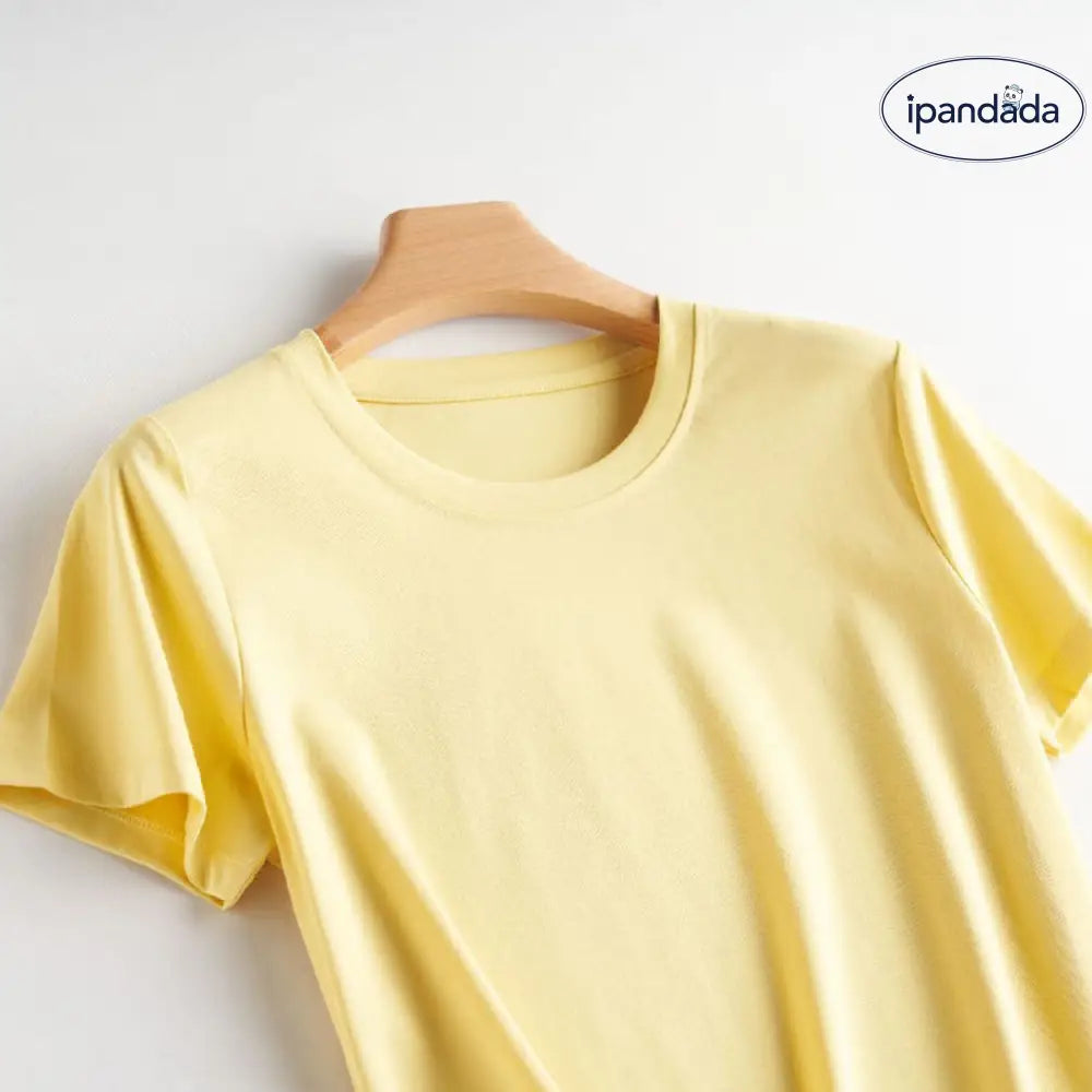 ID591 10色 両面 コットン100% Tシャツ レディース 半袖 ホワイト 夏 ゆったり Vネック 無地 レモンイエロー《丸首》 / S レディース > トップス