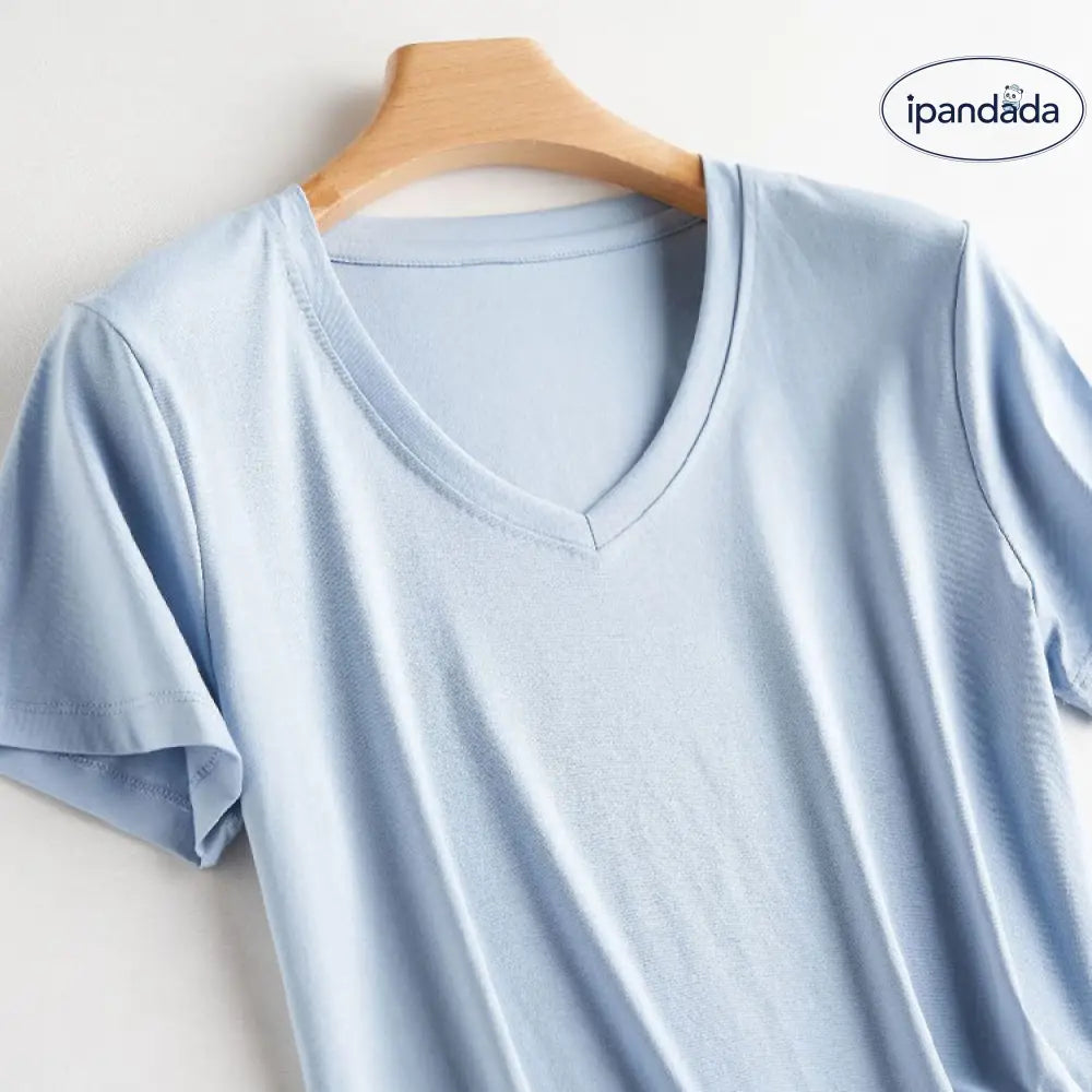 ID591 10色 両面 コットン100% Tシャツ レディース 半袖 ホワイト 夏 ゆったり Vネック 無地 スモッグブルー《Vネック》 / S レディース > トップス