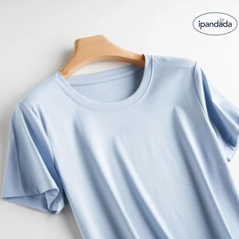 ID591 10色 両面 コットン100% Tシャツ レディース 半袖 ホワイト 夏 ゆったり Vネック 無地 スモッグブルー《丸首》 / S レディース > トップス