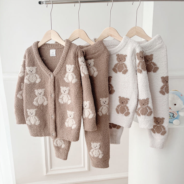 パジャマ 子供服 キッズ 女の子 ルームウェア 長袖ルームウェア  あったか ふわふわ 防寒 可愛い 熊 前開き セットアップ プルオーバー