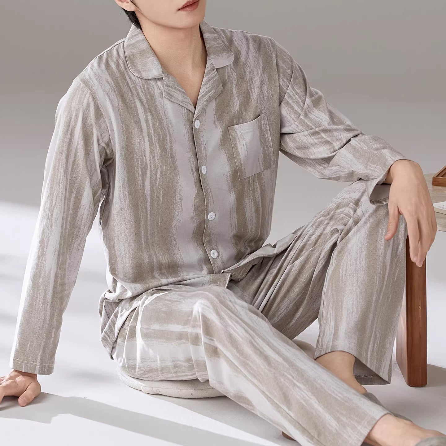 パジャマ メンズ 春秋 綿 長袖 ストライプ シンプル カジュアル ゆったり  ルームウェア 綿 長袖 コットン 上下セット ID4281