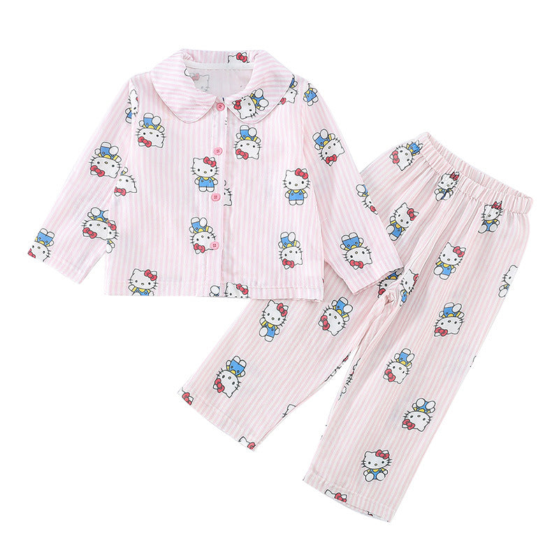 ハローキティ パジャマ 女の子 春 ガーゼ ボーダー柄 ストライプ かわいい キャラクター 長袖 前開き カーディガンタイプ 子供 キッズ ルームウェア 部屋着 セットアップ おしゃれ 着回し 便利 入園準備 ギフト ID4240