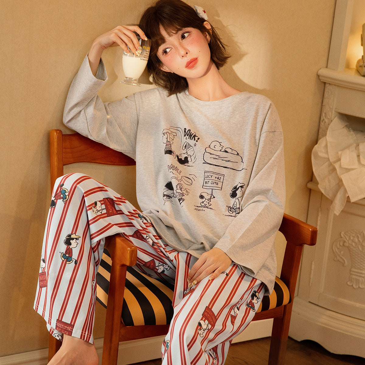 【ギフト】スヌーピー パジャマ レディース 長袖 ストライプ ボーダー かわいい カジュアル 部屋着 ルームウェア セットアップ おしゃれ プレゼント ギフト 春 ID4232