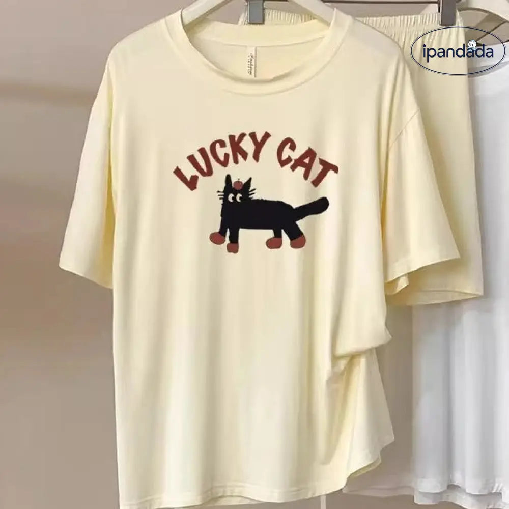 ID1591 【2025新作】猫柄 モダールパジャマセット 夏用 半袖+半パン 薄手 通気性◎ おしゃれ 部屋着・コンビニ兼用