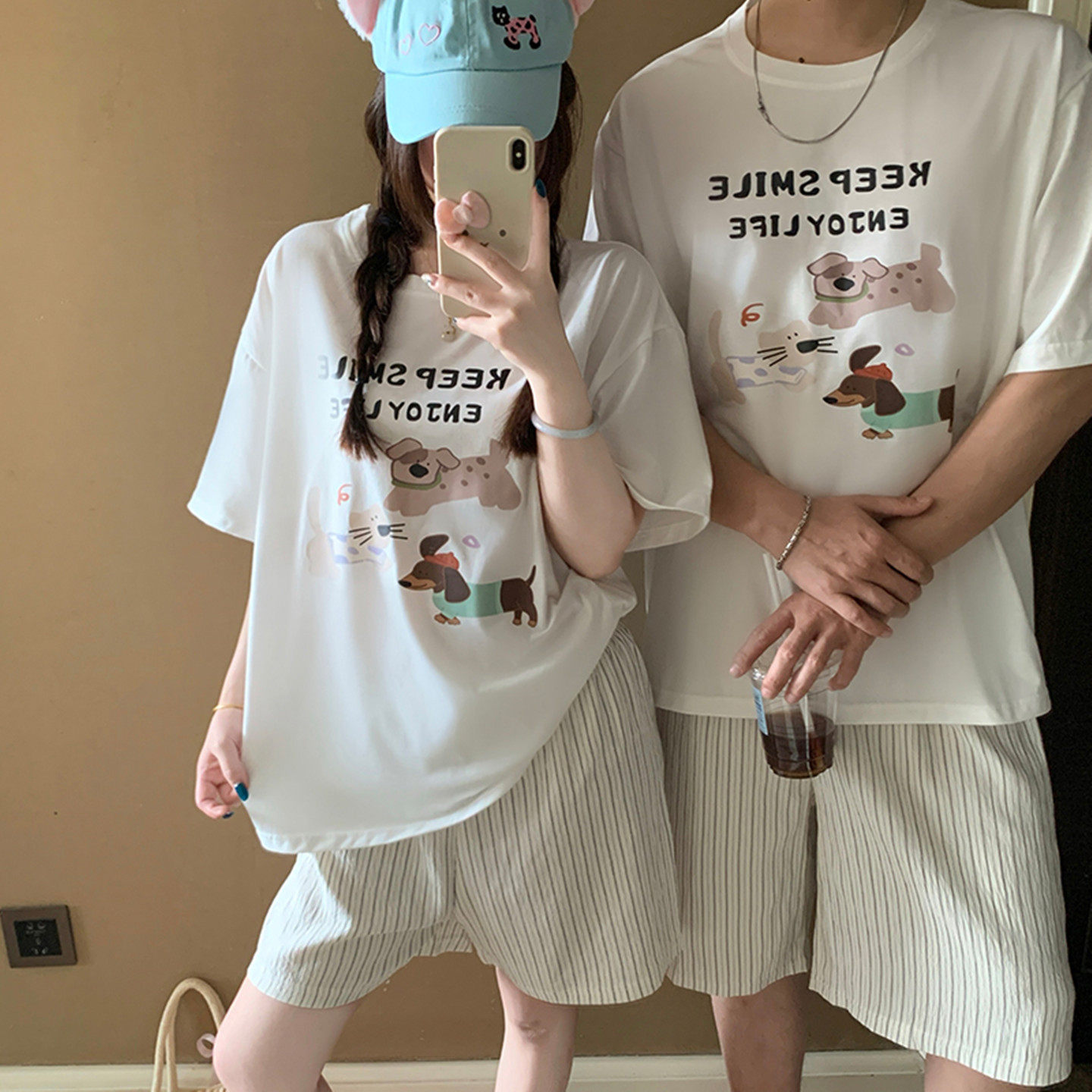 カップル パジャマ レディース 夏 半袖 綿 セット かわいい カートゥーン ミッキー メンズ プルオーバー ルームウェア 肌にやさしい 快適 ゆったり ID4717