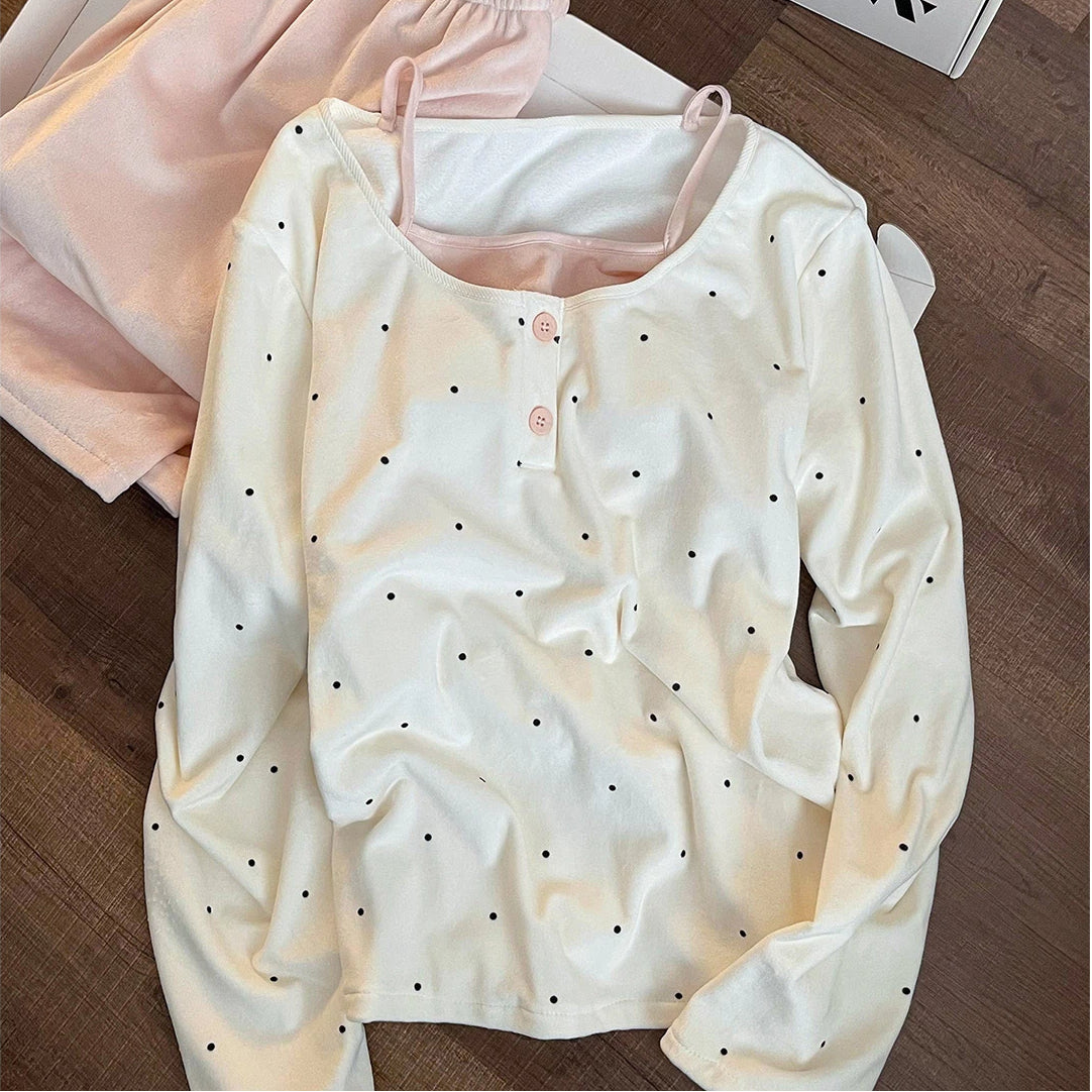 韓国風 ドット 長袖 部屋着 パジャマ レディース ナイトウェア かわいい 可愛い 新作 パッド付き ルームウェア セット ID4273