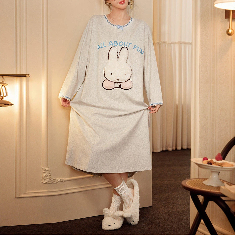 配色 ミッフィー パジャマ レディース 春秋 長袖 ネグリジェ ワンピース 夏も使える 冷房対策 オールシーズン 柔らか 肌触り かわいい 甘め キャラクター 部屋着 ルームウェア おしゃれ カジュアル プレゼント ID4254