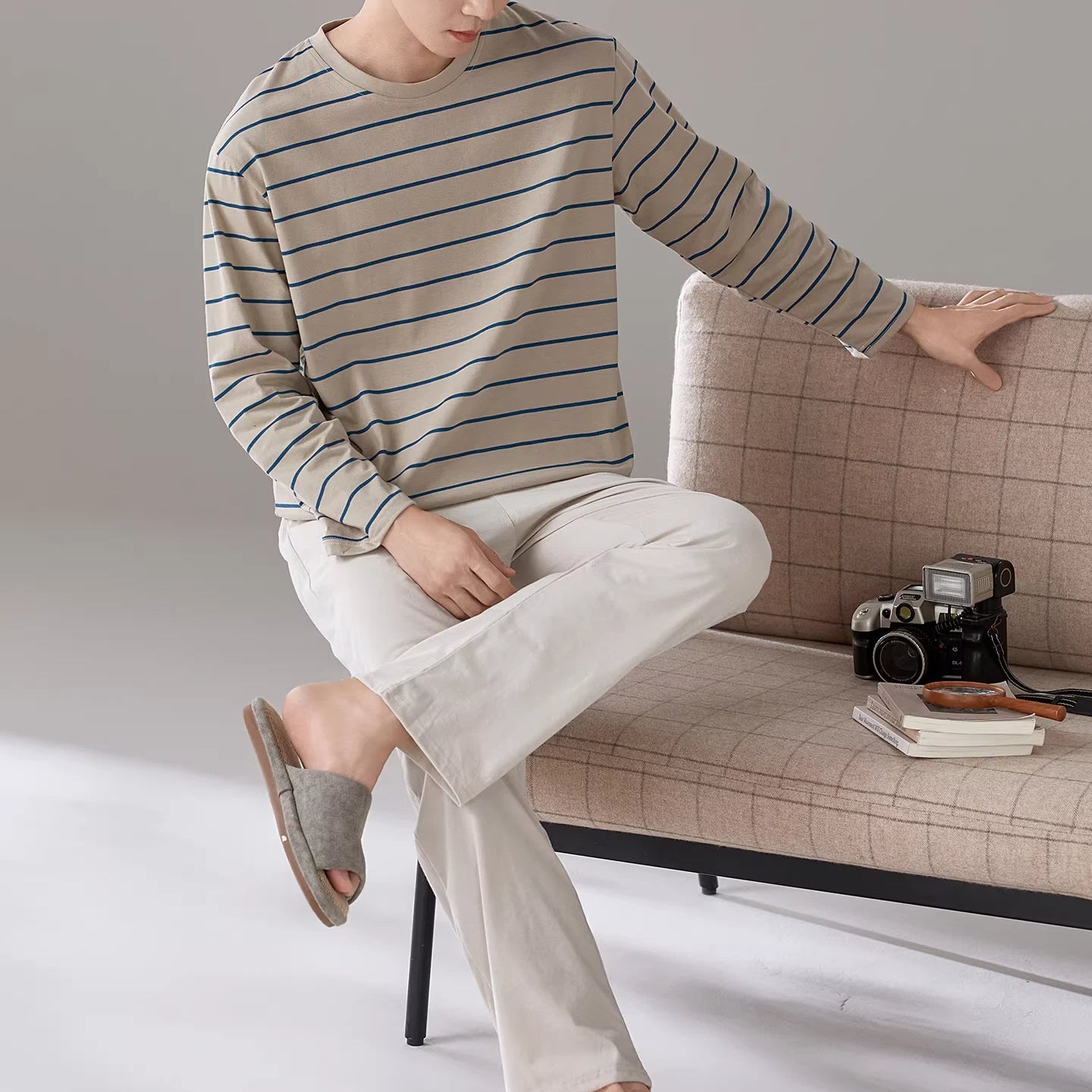 パジャマ メンズ 春秋 綿 長袖 ストライプ ラウンドネック プルオーバー ゆったり カジュアル ルームウェア セット 入院 出産 部屋着 寝巻き ID4282