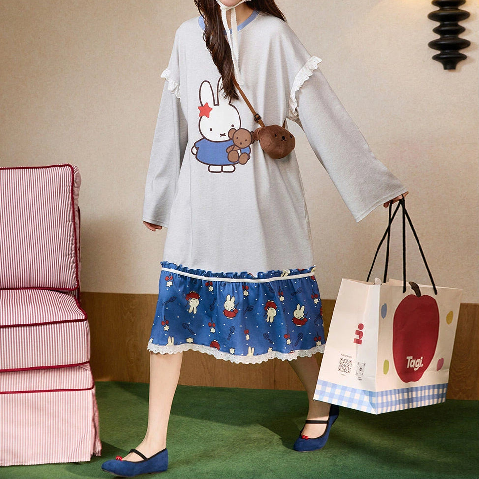 ミッフィー ネグリジェ ワンピース 配色 レディース 長袖 かわいい キャラクター 春秋 夏 冷房対策 柔らか 肌触り フリル レース ガーリー フェミニン ルームウェア 部屋着 ワンピース おしゃれ リラックス ギフト ID4247