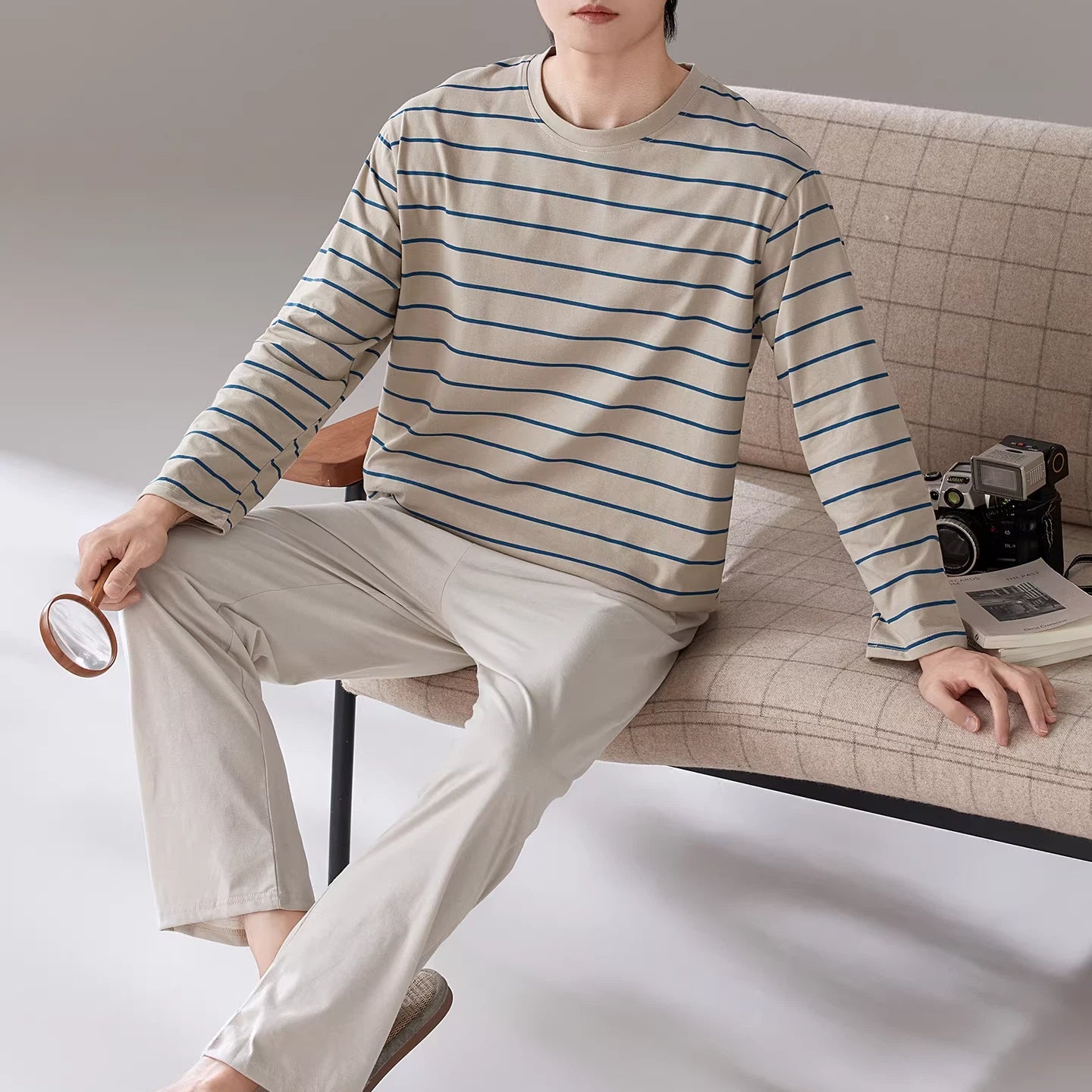 パジャマ メンズ 春秋 綿 長袖 ストライプ ラウンドネック プルオーバー ゆったり カジュアル ルームウェア セット 入院 出産 部屋着 寝巻き ID4282