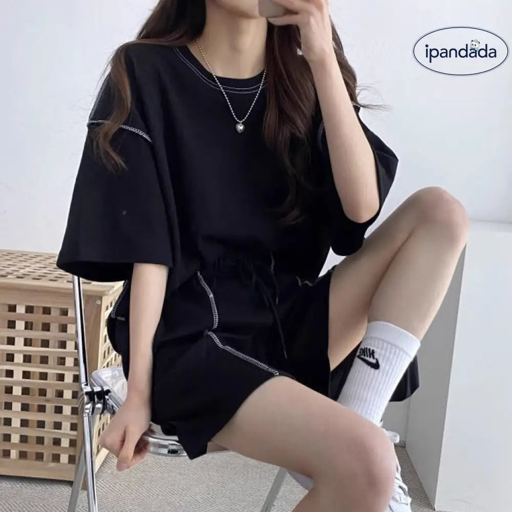 ID1065 2点セット ホームウェア兼外出用 女性用 学生向け 韓国風 夏用 カジュアルスポーツ ルーズフィット 半袖トップス＆ショートパンツ 外出着＞セットアップ