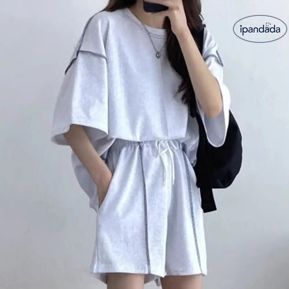 ID1065 2点セット ホームウェア兼外出用 女性用 学生向け 韓国風 夏用 カジュアルスポーツ ルーズフィット 半袖トップス＆ショートパンツ 外出着＞セットアップ