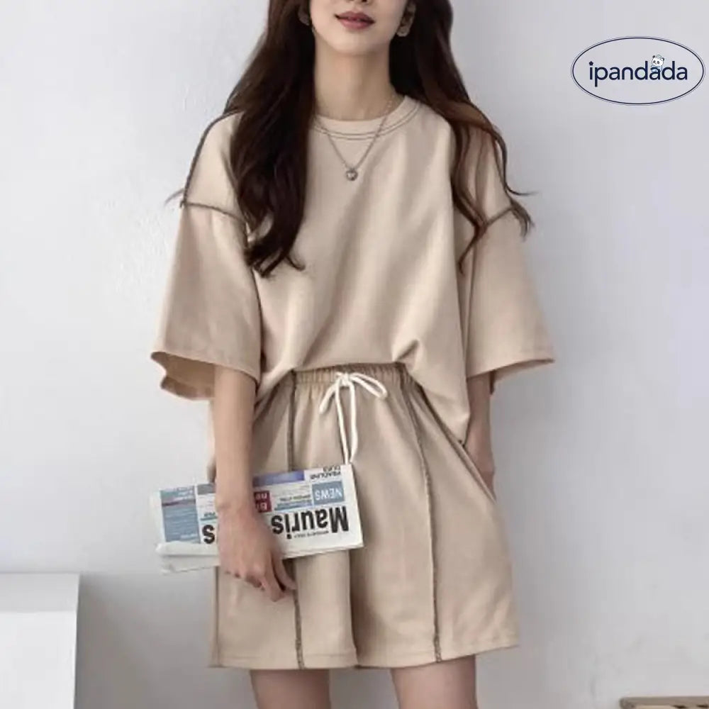 ID1065 2点セット ホームウェア兼外出用 女性用 学生向け 韓国風 夏用 カジュアルスポーツ ルーズフィット 半袖トップス＆ショートパンツ 外出着＞セットアップ