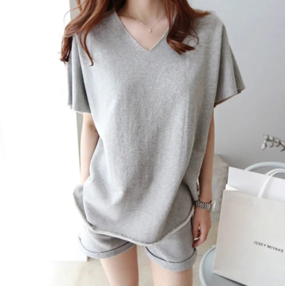 ID1134 2点セット カジュアル スポーツ 半袖Tシャツ＆ショートパンツ 夏用 ルーズフィット プラスサイズ 女性用 グレー / M 外出着＞セットアップ