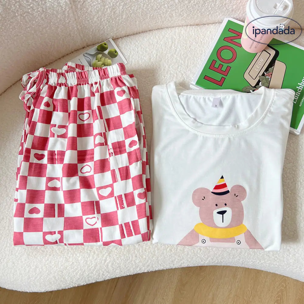 ID640 2点セット クマ チェック モダールコットン パジャマセット レディース 春夏 半袖 長ズボン 薄手 快適 ルームウェア レディース＞セットアップ