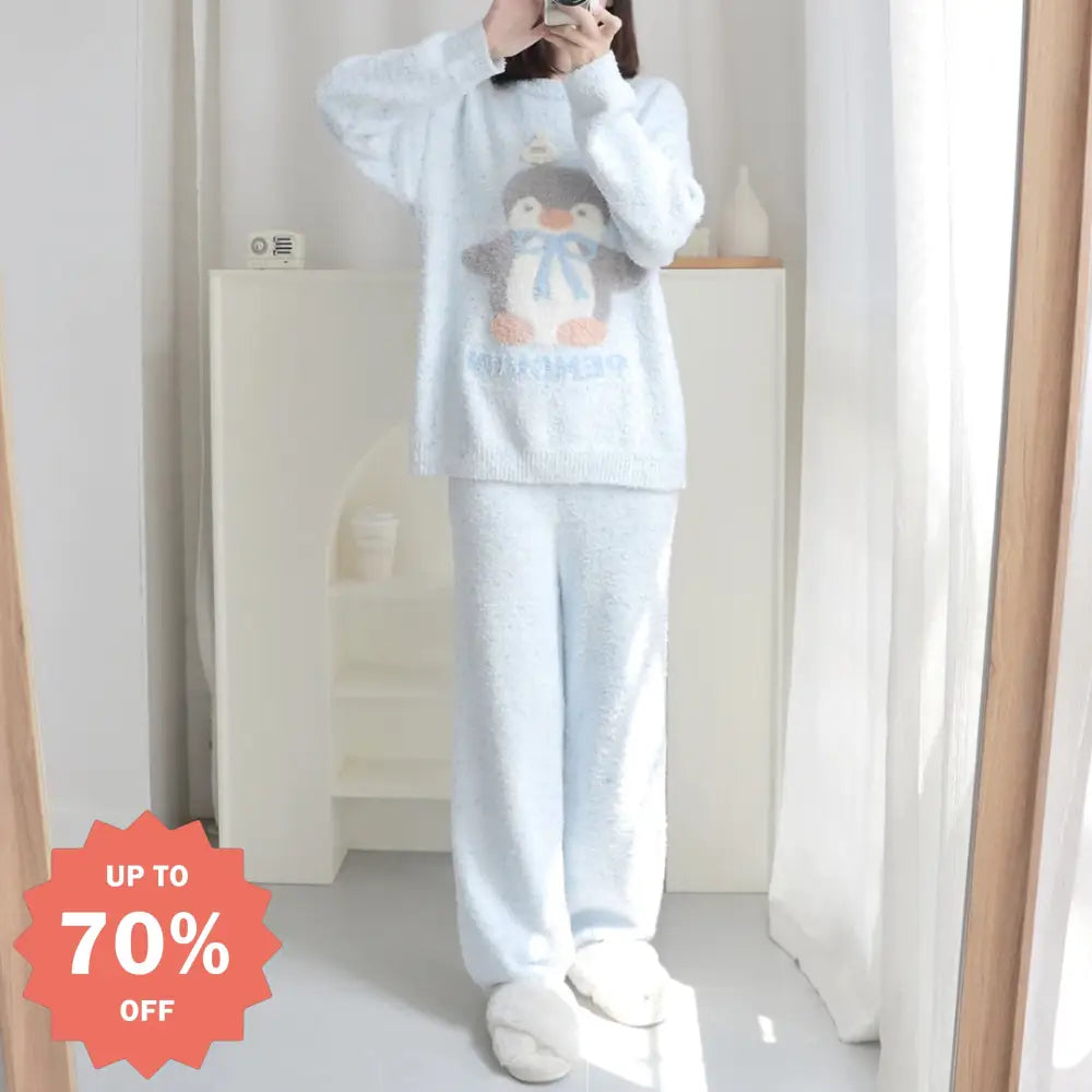2点セット パジャマ レディース 毛绒 ルームウェア 可愛い 冬用 プレゼント クリスマスプレゼント クリスマスギフト 人気 サプライズ ギフト ID3608 ブルー / M
