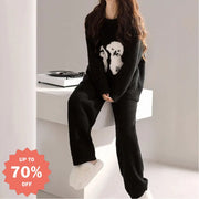 2点セット パジャマ レディース 毛绒 ルームウェア 犬柄 可愛い 冬用 プレゼント クリスマスプレゼント クリスマスギフト 人気 サプライズ ギフト ID3609 ブラック / フリー