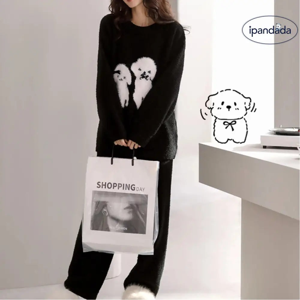 2点セット パジャマ レディース 毛绒 ルームウェア 犬柄 可愛い 冬用 プレゼント クリスマスプレゼント クリスマスギフト 人気 サプライズ ギフト ID3609