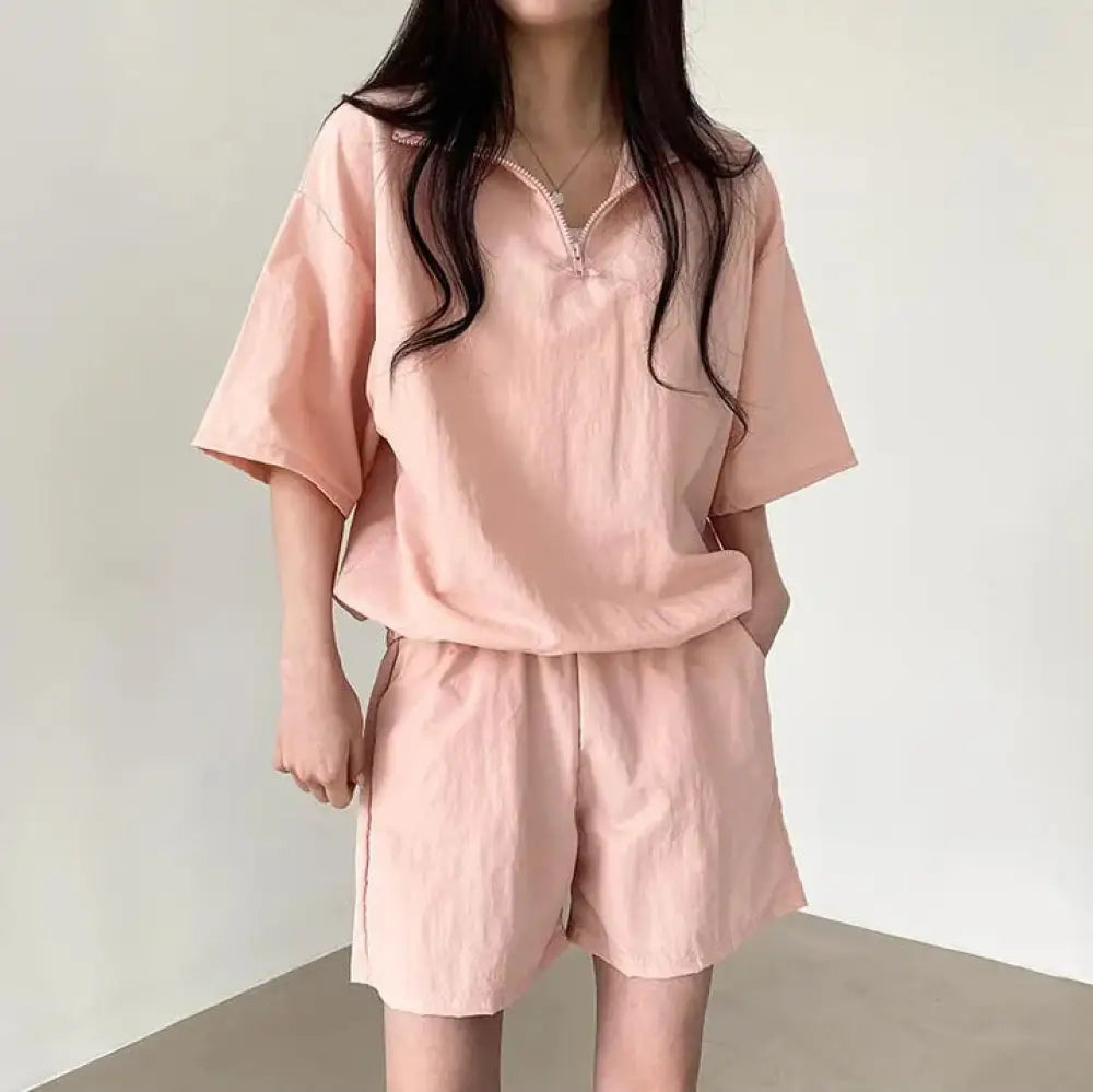 ID1485 2点セット レディース 夏用 韓国風 ジップアップ アウトドア 半袖セットアップ カジュアル スポーツショートパンツ ピンク / M 外出着>セットアップ