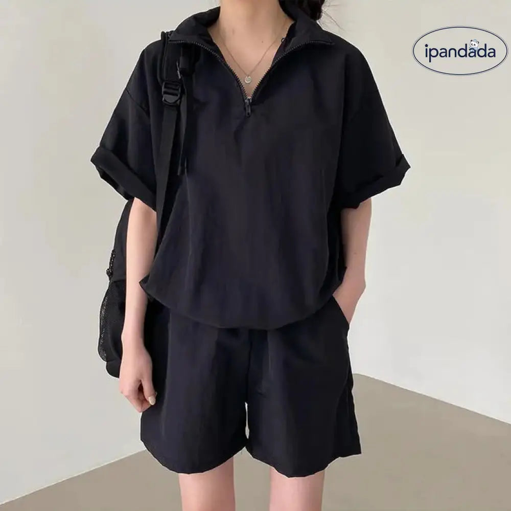 ID1485 2点セット レディース 夏用 韓国風 ジップアップ アウトドア 半袖セットアップ カジュアル スポーツショートパンツ
